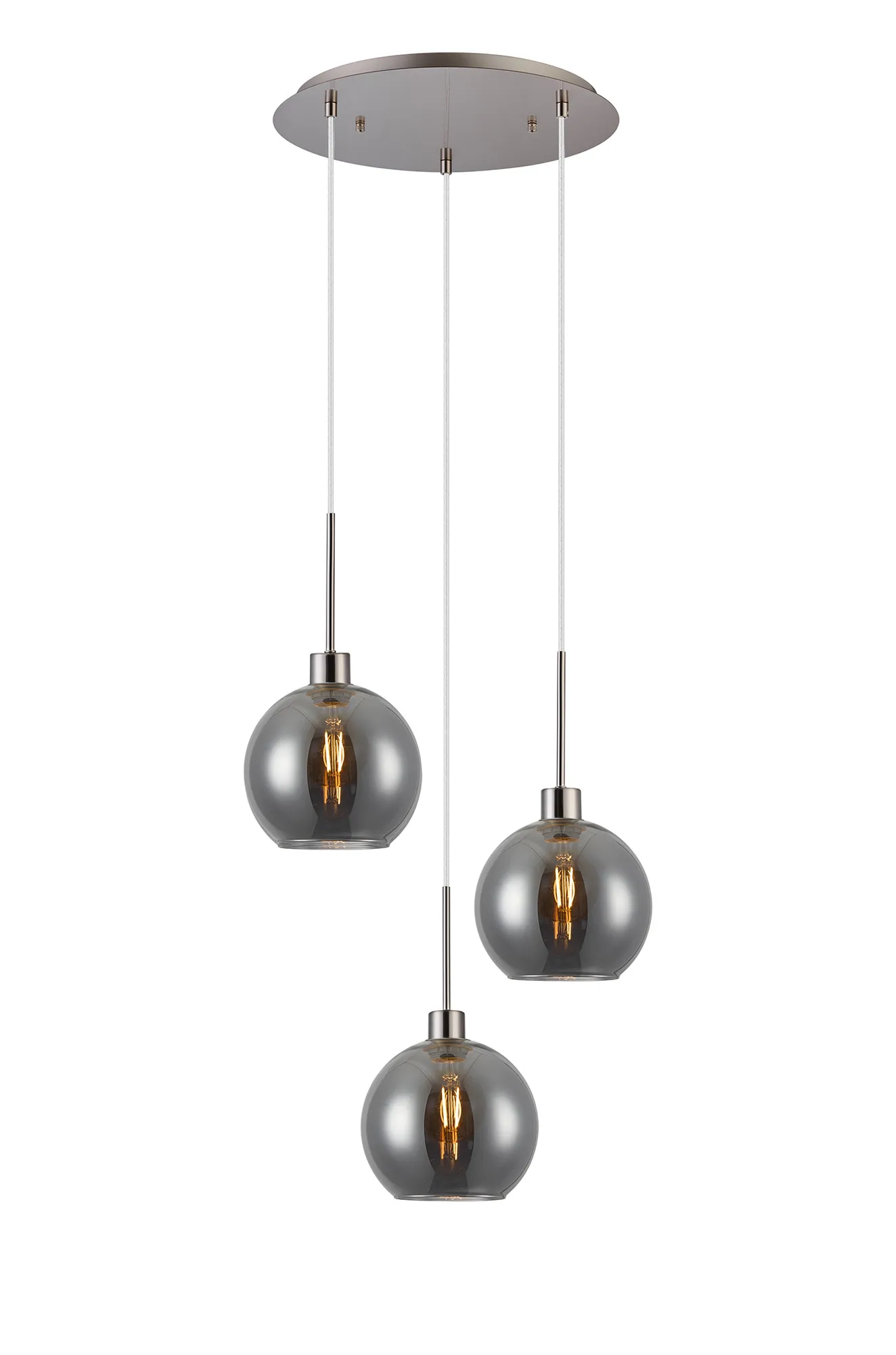 DK1367  Lori cm Round Pendant, 3 Light Adjustable E27, Satin Nickel/Smoke Open Mouth Round Globe Shades